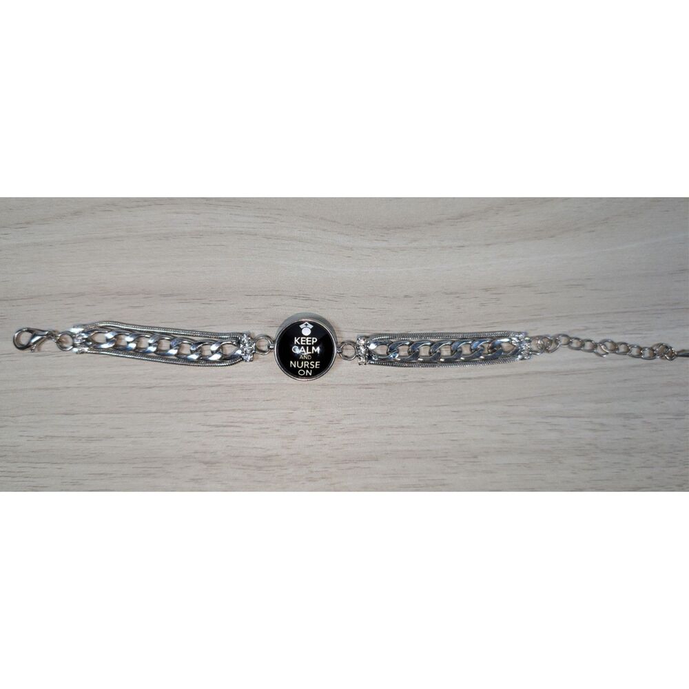 Keep Calm Nurse Snap Charm Bracelet Silver Tone Chain Adjustable